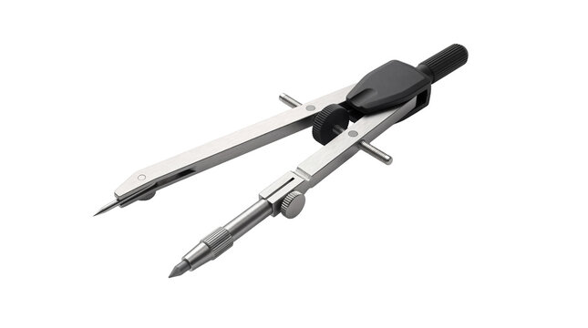 Modern metal drafting compass with pencil for precise technical drawing, geometry, and architectural design.