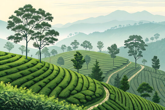 Tea plantations of Darjeeling vector, repeating green patterns