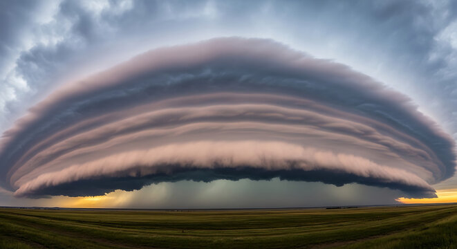 A dramatic storm cloud looms over a vast green landscape at sunset