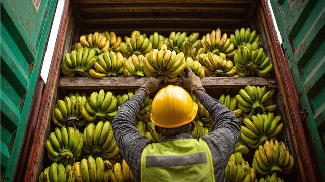 fruit export logistics scene with worker securing bananas inside reefer container during loading for shipping transportation and supply chain operations