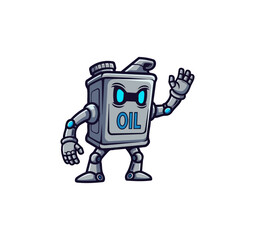 Fototapeta premium Cartoon robot oil can character waving hand on black background