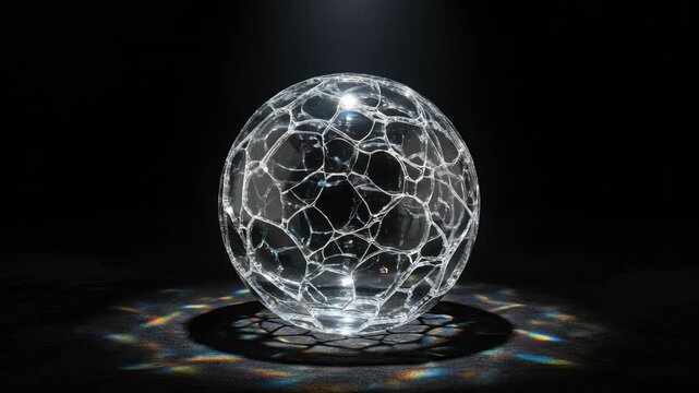 Abstract transparent sphere with internal network illuminated on black background