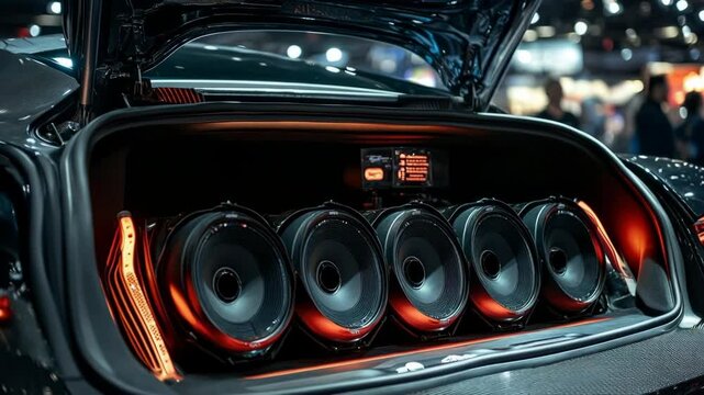 Powerful car audio sound system with subwoofers and red lights installed in the trunk
