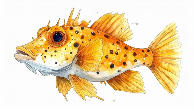 大きな目と棘が愛らしいハコフグのような魚の水彩イラスト