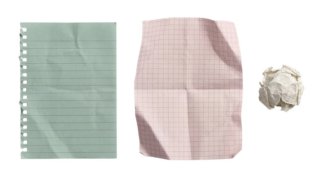 A creative composition featuring three distinct paper pieces, including a green lined sheet, a pink grid page.