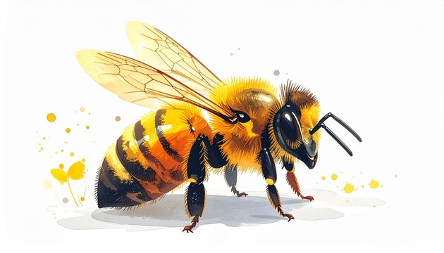 ふわふわの産毛が愛らしいミツバチの水彩イラスト