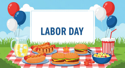 Labor Day picnic banner with food and drinks on red white checkered tablecloth poster banner download 2026 2027