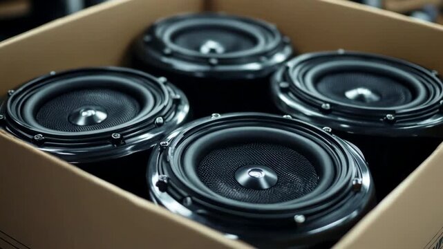 Close-up of brand new car audio system speakers packed inside a cardboard box for shipping