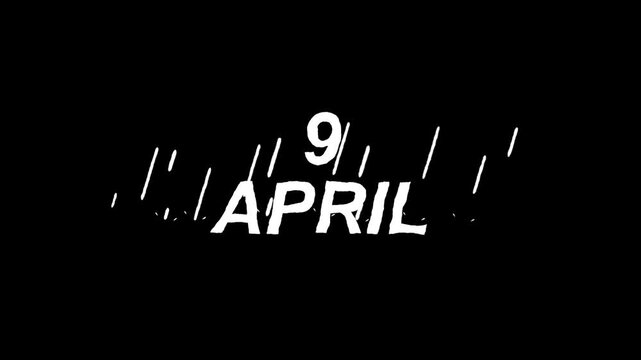 April 9th calendar date with falling rain on black background