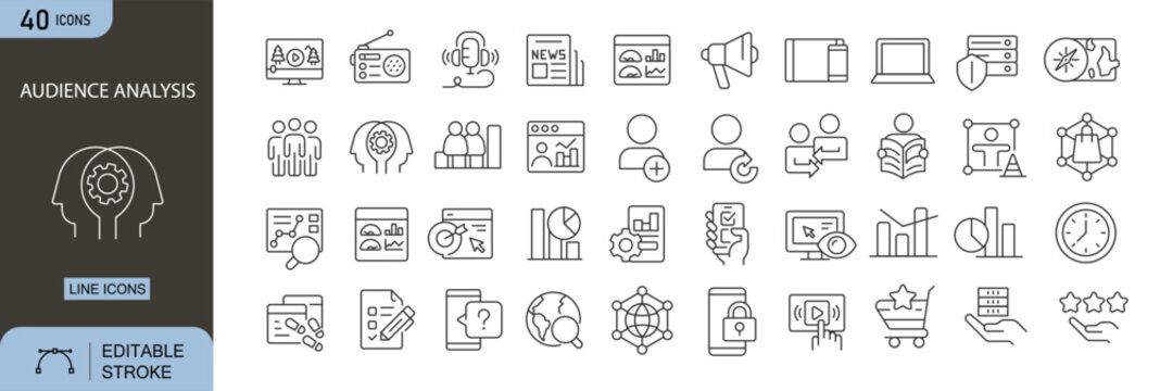 Audience analysis icons set representing user data, segmentation, behavior study, marketing insights, targeting and analytics in clean outline style. Editable Stroke.