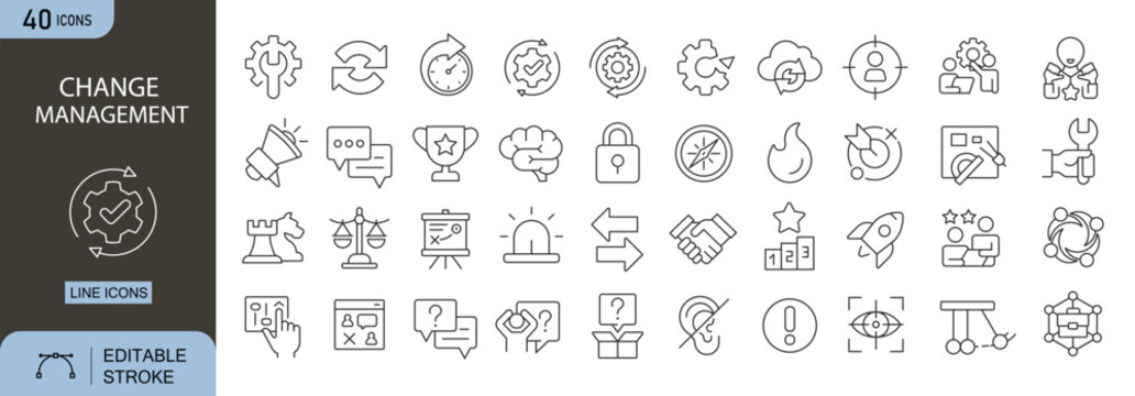 Change management icons set representing organizational change, strategy, transition, adaptation, leadership, process improvement and business transformation. Editable Stroke.
