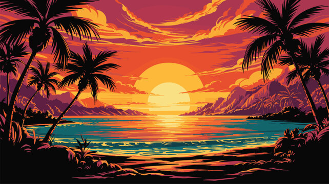 Vibrant tropical beach sunset illustration with palm trees and colorfu