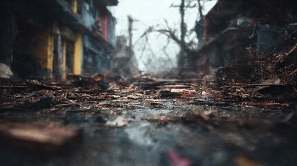 Fototapeta premium Decayed Urban Landscape with Abandoned Structures and Overgrown Vegetation