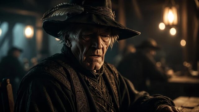 Elderly man in medieval attire sitting in dim tavern interior, cinematic style, on dark moody background, concept of solitude