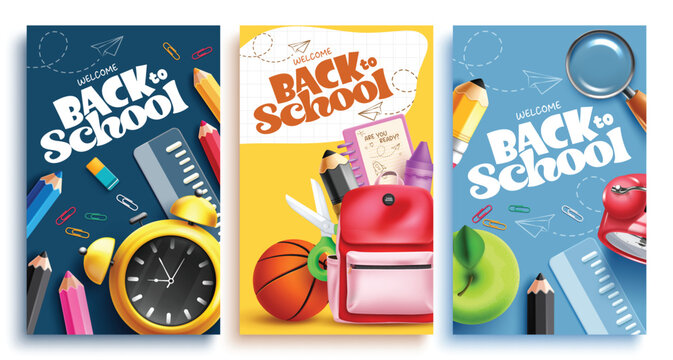 Back to School greeting clipart poster set design. Back to school greeting text in colorful background clip art with School elements like alarm clock, backpack, color pencil and ruler for students