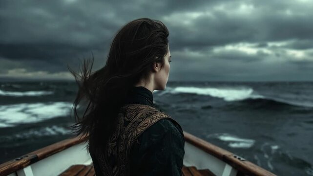 A woman standing on a boat facing rough ocean waves in dramatic photographic style on a stormy sky background concept of solitude