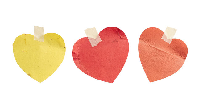 Three colorful, textured paper hearts in yellow, red, and orange, isolated on a transparent background.