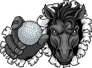 Naklejka premium Horse mustang bronco stallion angry golf sports team mascot holding a ball.