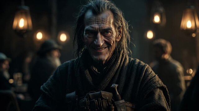 Old man in medieval tavern, cinematic style, on dim interior background, concept of deep mystery and intrigue