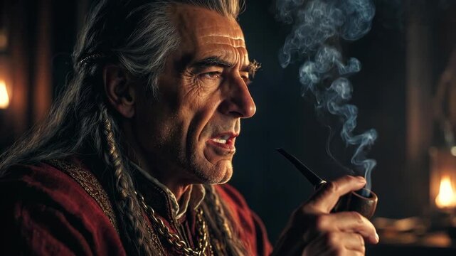 Close-up of an elderly man with a pipe in detailed realistic style on a warm dim background, conveying wisdom and calm