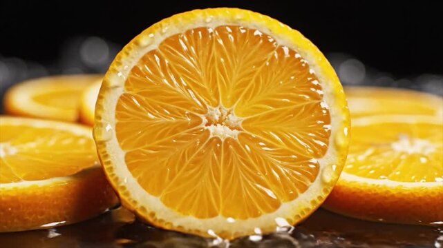 Freshly sliced oranges are arranged on a table with one prominent orange slice