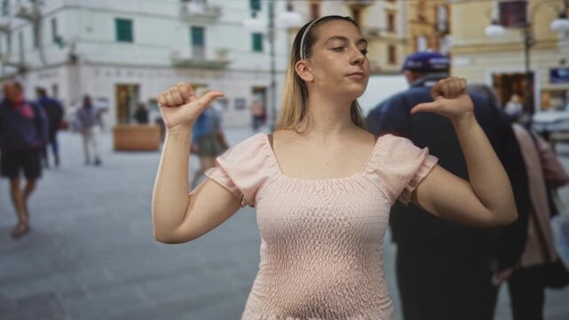 Woman showing thumbs pointing at herself while wearing a pink smocked dress on a busy street with blurred pedestrians and buildings; confidence assertiveness.
