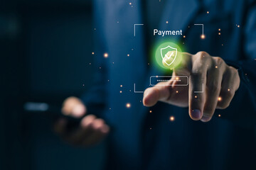 Fototapeta premium Secure online payment concept with businessman using digital interface, shield icon and password input, representing cybersecurity, data protection, safe transaction and financial technology security.