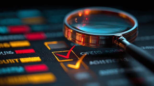 futuristic holographic audit dashboard with magnifying glass and checkboxes for compliance monitoring data inspection risk assessment and digital verification workflow