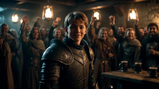 A young warrior in ornate armor standing in a lively medieval hall, moody cinematic style, on a warm dim interior background, symbolizing courage