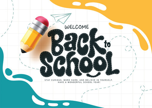 Welcome Back to School greeting clipart background design. Back to School greeting with lettering editable text in grid line space blue and yellow abstract background with pencil for educational