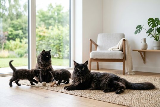 Black Maine Coon mother cat and father cat with small kittens playing on rug in living room. Family of fluffy pet pets at home. 