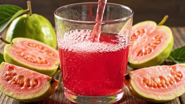 Fresh guava juice poured into a glass surrounded by sliced guavas on a wooden table