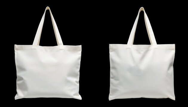 Two identical tote bags with long handles against a black backdrop