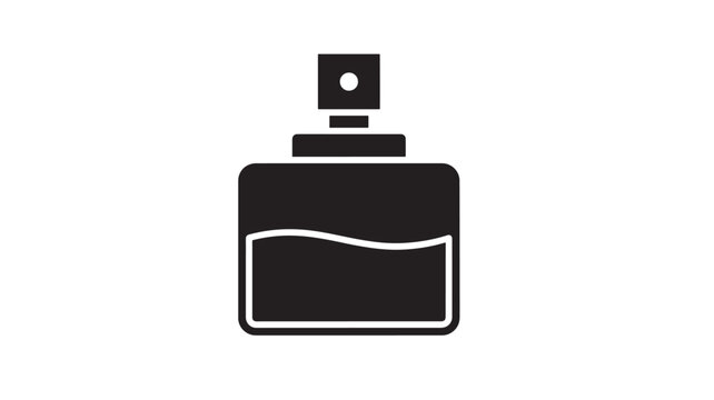 Perfume bottle icon with spray nozzle and liquid inside, representing fragrance and beauty products in a simple graphic design.