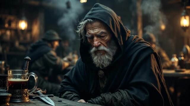 Hooded elderly man in a medieval tavern in cinematic style at a wooden table on a warm rustic background, concept of solitude