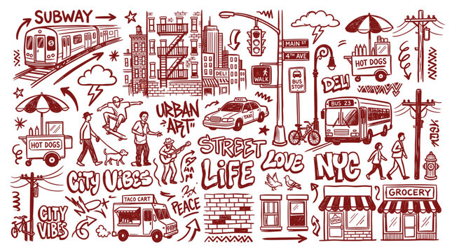Hand drawn doodle set of New York City urban life elements and street scenes
