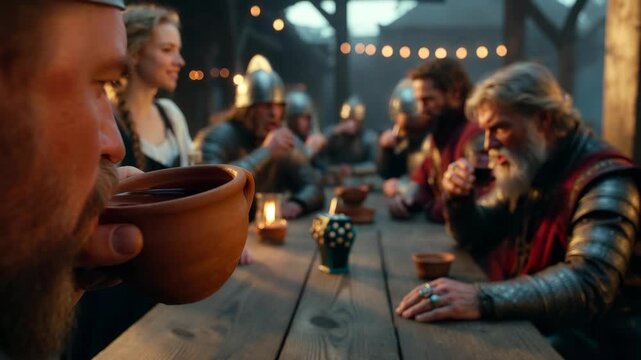 Medieval warriors gathered at long table, cinematic style, on tavern background, concept of camaraderie and celebration