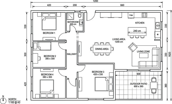 Four bedroom residential house floor plan with detailed interior layout furniture placement technical dimensions and outdoor patio area