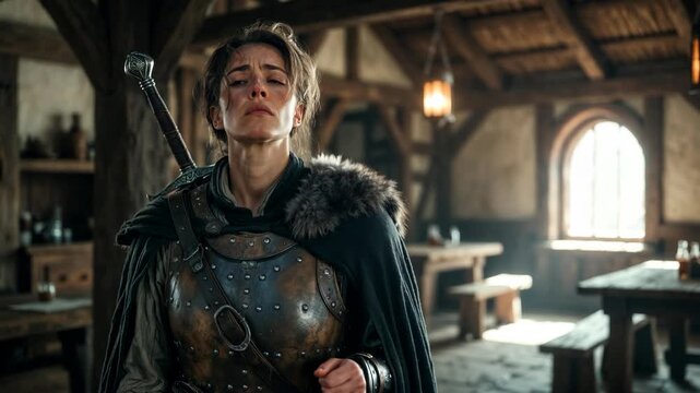 Armored fantasy warrior in cinematic style inside a wooden tavern interior, expressing courage and resilience on rustic backdrop