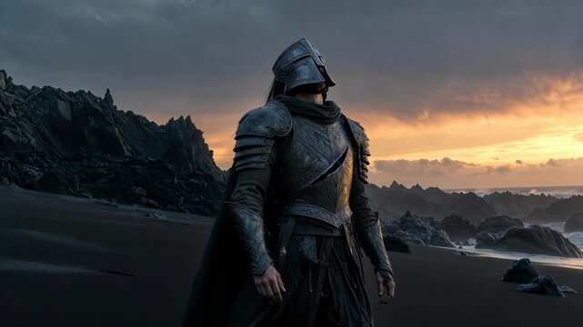 Armored figure on a beach at sunset in realistic style on rocky shore, concept of fantasy journey adventure