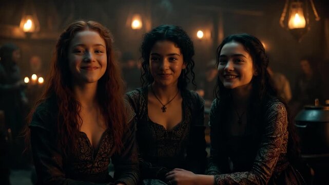 Three young women in medieval attire seated in warm candlelit room, cinematic style, on rustic tavern background, concept of friendship