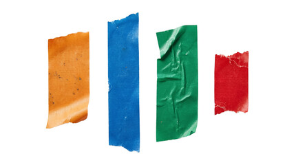 Naklejka premium Four vertical strips of aged, torn, colorful adhesive tape in vibrant orange, blue, green, and red.