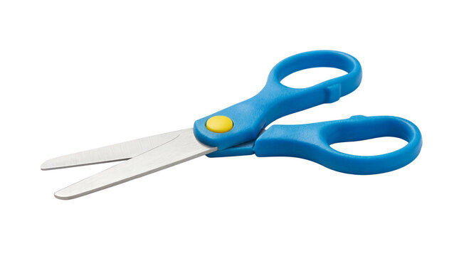Open blue and yellow children's safety scissors for school art projects, isolated on transparent background.