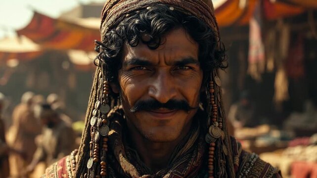 Man with traditional accessories in warm photographic style against blurred bazaar background, concept of cultural heritage