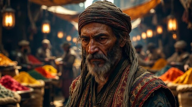An elderly man in traditional clothing at a bustling spice market in realistic style on a warm background, concept of culture