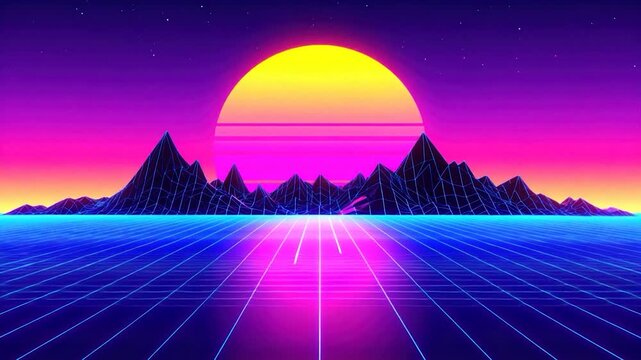 Synthwave landscape neon mountains, grid, sunset, and a starry night sky