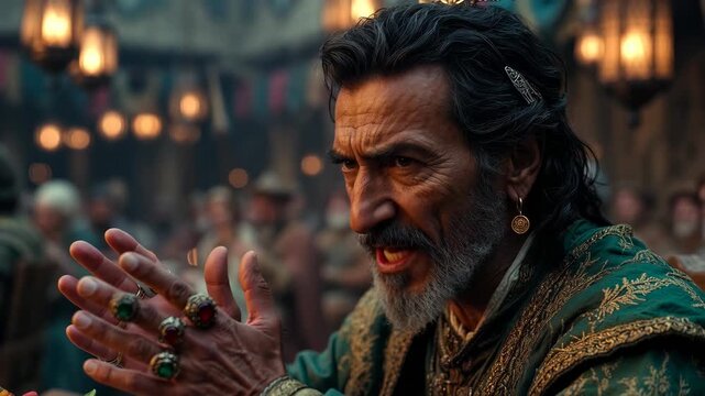 Elder man in rich traditional clothing gesturing while speaking, realistic style, set against warm lantern-lit background, concept of culture and storytelling