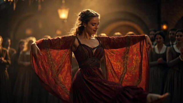 A woman dancing in medieval attire, realistic style, on a dim hall background, concept of tradition and celebration