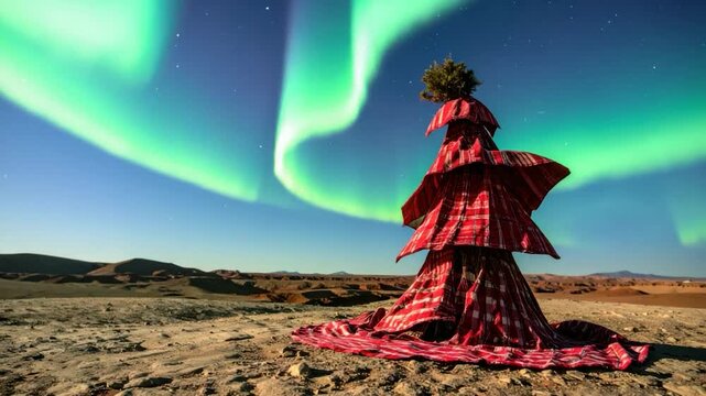 A red plaid tree-like structure on barren land beneath aurora borealis