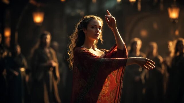A woman dancing in medieval attire in warm dramatic lighting on a dim hall background, concept of elegance cultural joy